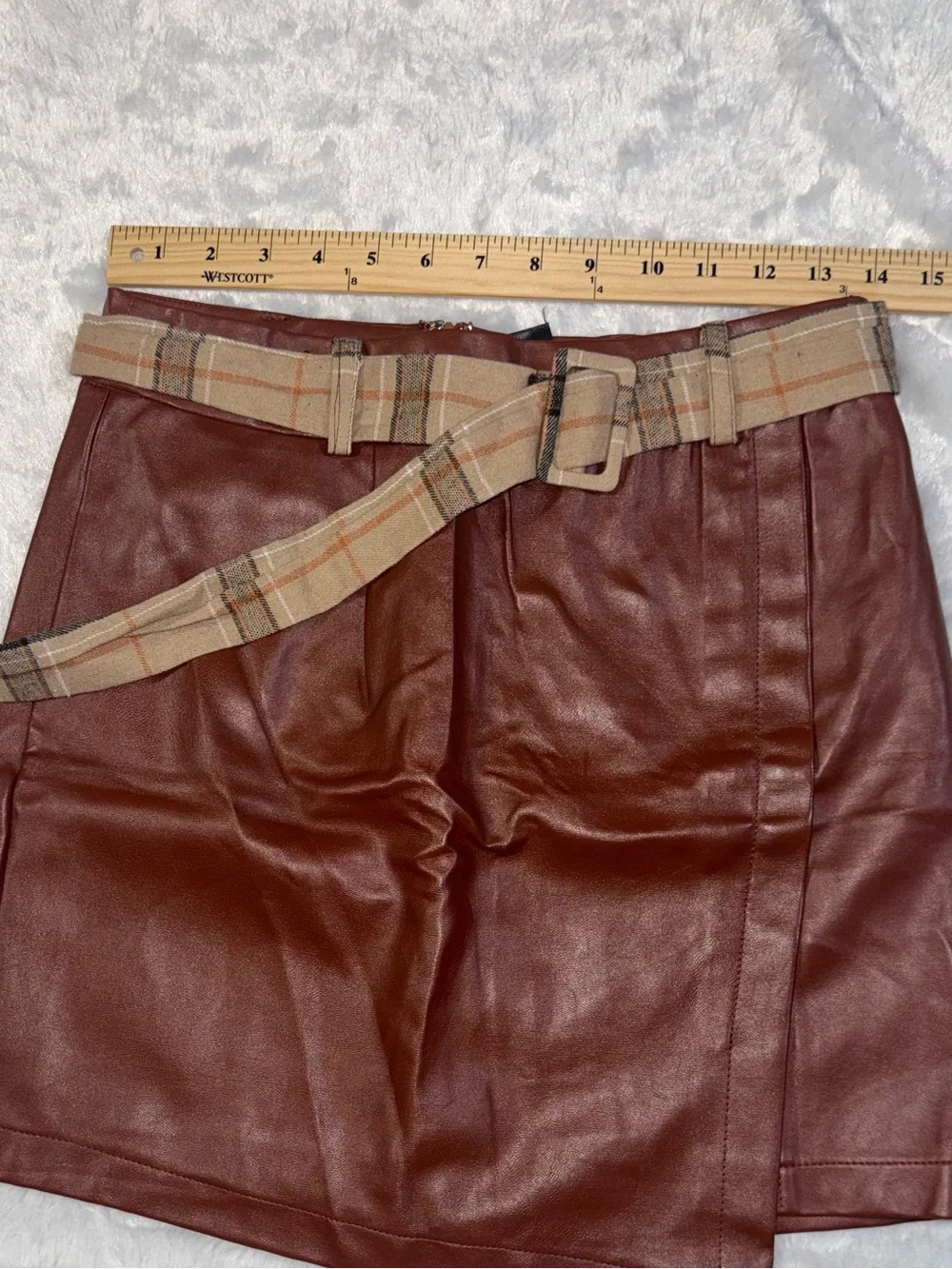 Faux Leather Mini Skirt with Plaid Belt - Burgundy